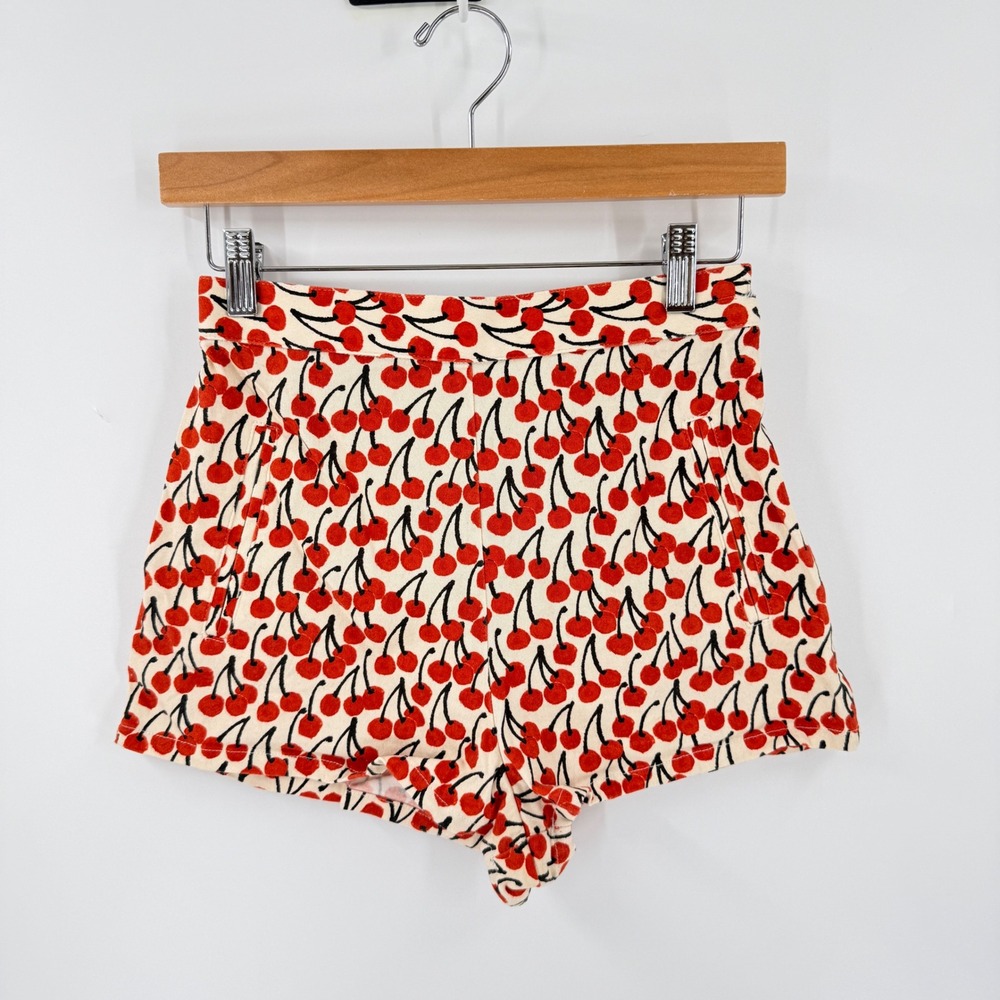 Anthropologie CoreyLynnCalter Cherry Print Shorts Cream Red XS High Waist Retro